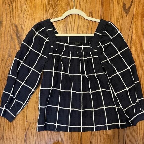 Women’s J. Crew penny windowpane navy and white long sleeve blouse, size: 0 - Picture 2 of 4